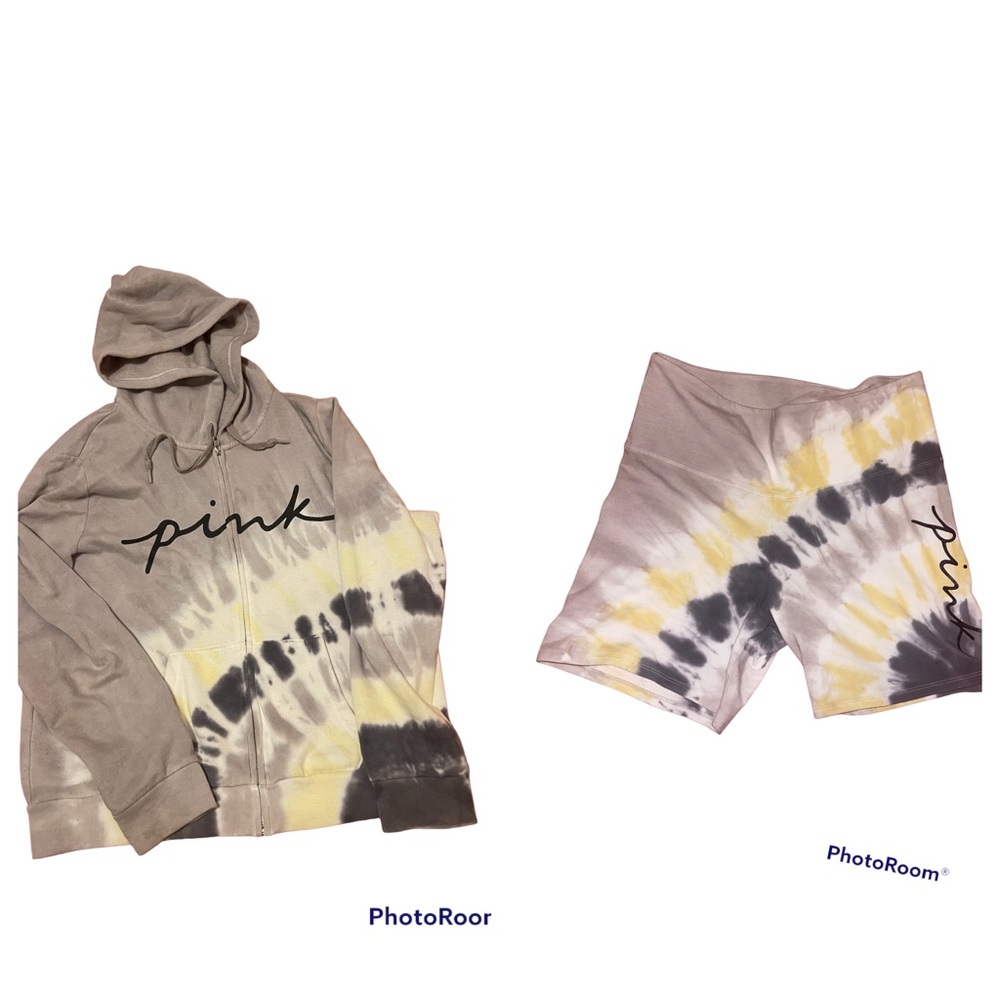 PINK Women’s Zip up hoodie and biker shorts set Tie-dye yellow and grey Large/XL